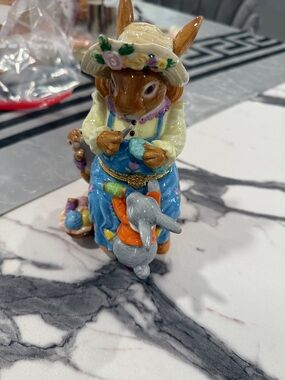 Vintage Hand-Painted Rabbit Figurine in Blue and Cream